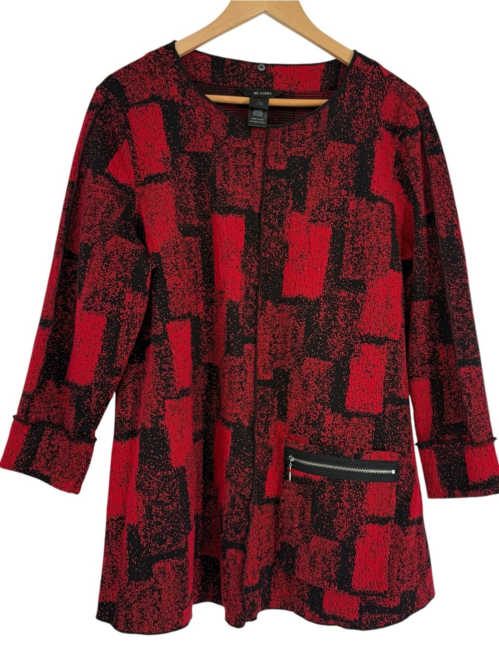 Ali Miles RED/BLACK Knit Tunic Top Zip Pocket Size L Artsy w/ SCARF Lagenlook
